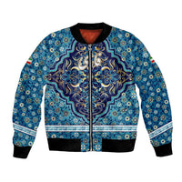 Iranian Mosaic Art Pattern Bomber Jacket with Persian Calligraphy and Flag Accents