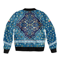 Iranian Mosaic Art Pattern Bomber Jacket with Persian Calligraphy and Flag Accents