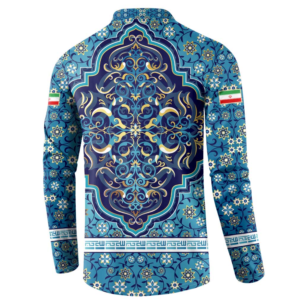 Iranian Mosaic Art Pattern Button Sweatshirt with Persian Calligraphy and Flag Accents