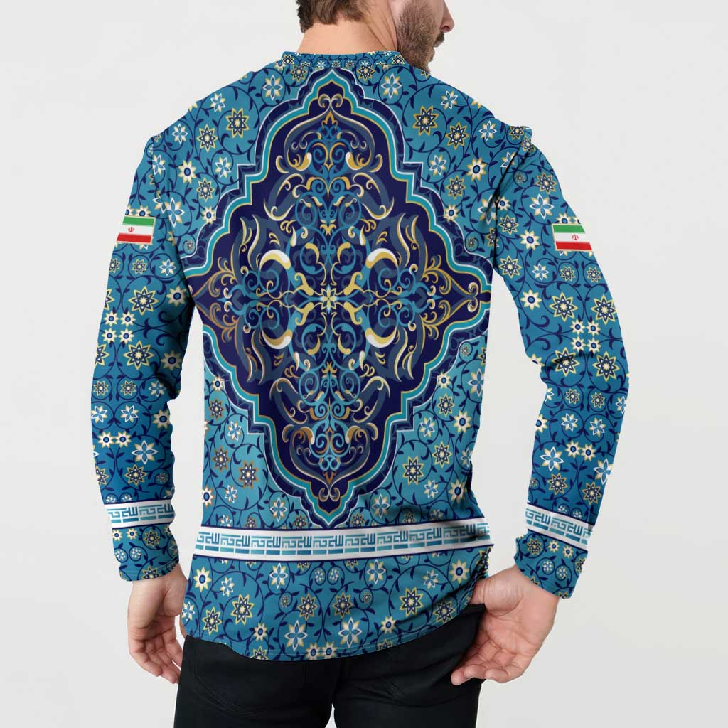 Iranian Mosaic Art Pattern Button Sweatshirt with Persian Calligraphy and Flag Accents