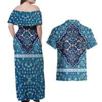 Iranian Mosaic Art Pattern Couples Matching Off Shoulder Maxi Dress and Hawaiian Shirt with Persian Calligraphy and Flag Accents