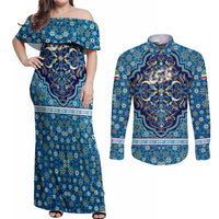 Iranian Mosaic Art Pattern Couples Matching Off Shoulder Maxi Dress and Long Sleeve Button Shirt with Persian Calligraphy and Flag Accents
