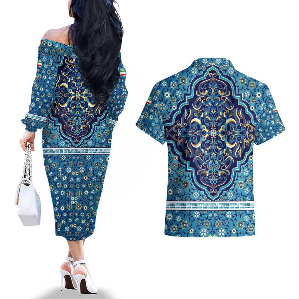 Iranian Mosaic Art Pattern Couples Matching Off The Shoulder Long Sleeve Dress and Hawaiian Shirt with Persian Calligraphy and Flag Accents