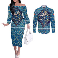 Iranian Mosaic Art Pattern Couples Matching Off The Shoulder Long Sleeve Dress and Long Sleeve Button Shirt with Persian Calligraphy and Flag Accents