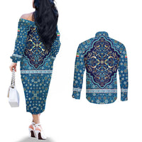 Iranian Mosaic Art Pattern Couples Matching Off The Shoulder Long Sleeve Dress and Long Sleeve Button Shirt with Persian Calligraphy and Flag Accents
