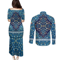 Iranian Mosaic Art Pattern Couples Matching Puletasi and Long Sleeve Button Shirt with Persian Calligraphy and Flag Accents