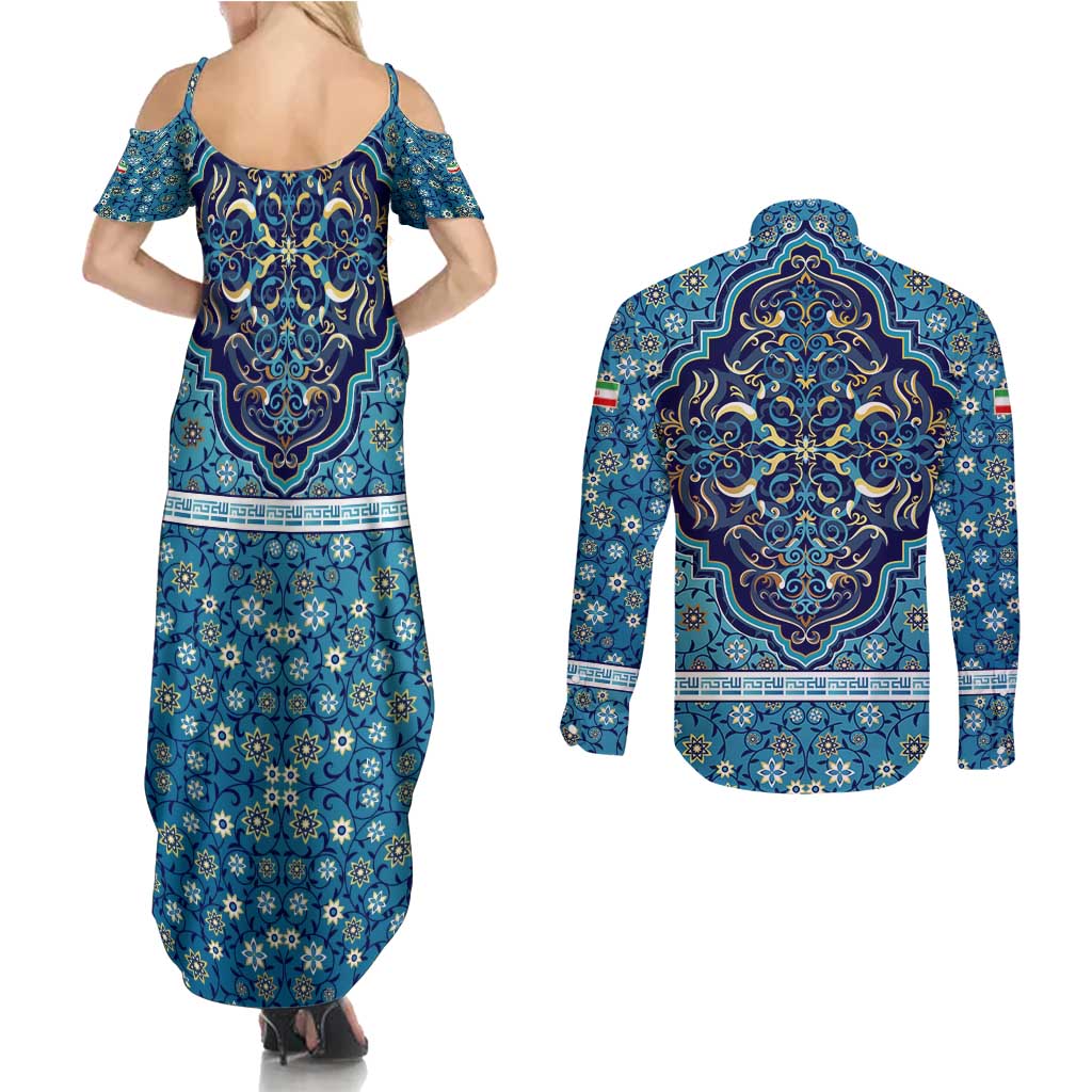 Iranian Mosaic Art Pattern Couples Matching Summer Maxi Dress and Long Sleeve Button Shirt with Persian Calligraphy and Flag Accents