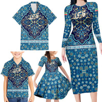 Iranian Mosaic Art Pattern Family Matching Long Sleeve Bodycon Dress and Hawaiian Shirt with Persian Calligraphy and Flag Accents