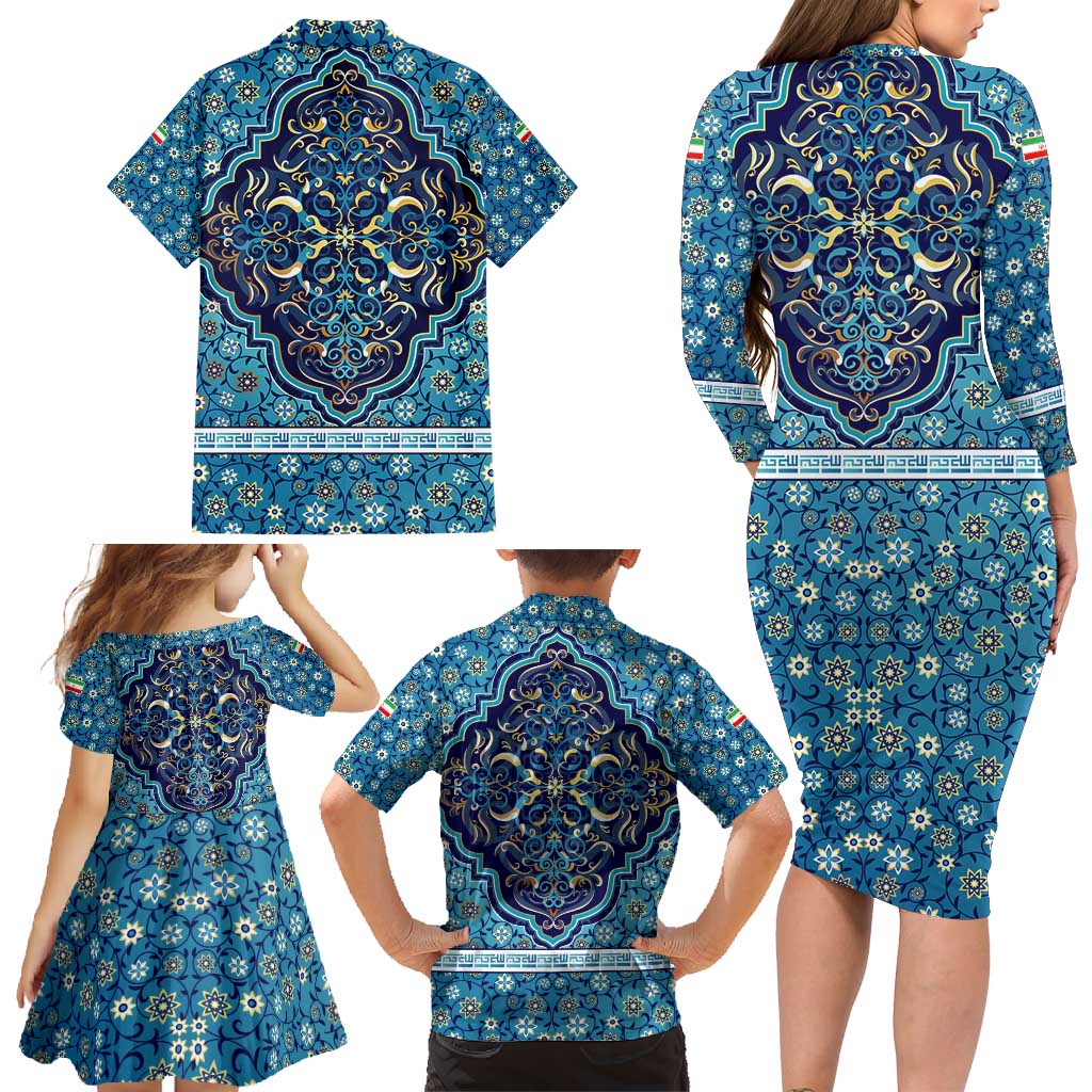 Iranian Mosaic Art Pattern Family Matching Long Sleeve Bodycon Dress and Hawaiian Shirt with Persian Calligraphy and Flag Accents