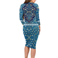 Iranian Mosaic Art Pattern Family Matching Long Sleeve Bodycon Dress and Hawaiian Shirt with Persian Calligraphy and Flag Accents