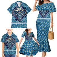 Iranian Mosaic Art Pattern Family Matching Mermaid Dress and Hawaiian Shirt with Persian Calligraphy and Flag Accents