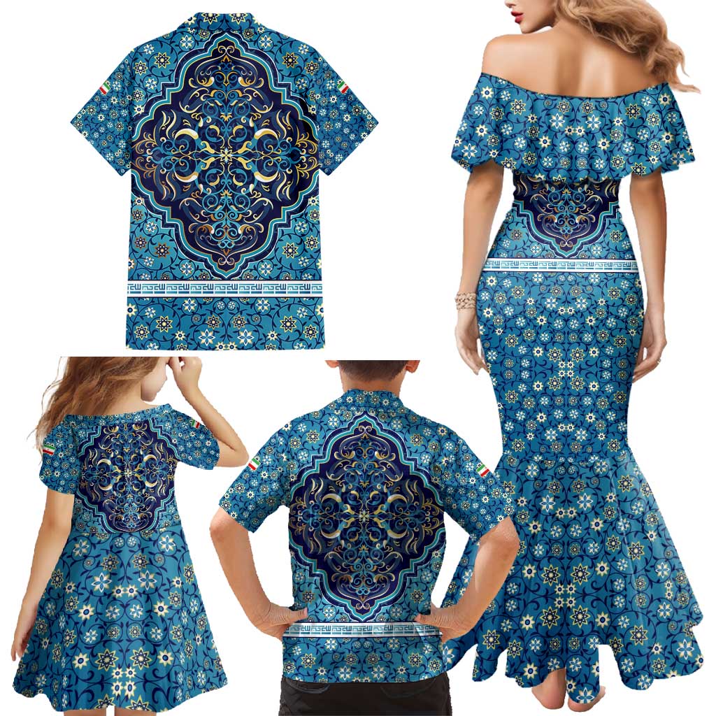 Iranian Mosaic Art Pattern Family Matching Mermaid Dress and Hawaiian Shirt with Persian Calligraphy and Flag Accents