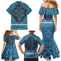 Iranian Mosaic Art Pattern Family Matching Mermaid Dress and Hawaiian Shirt with Persian Calligraphy and Flag Accents