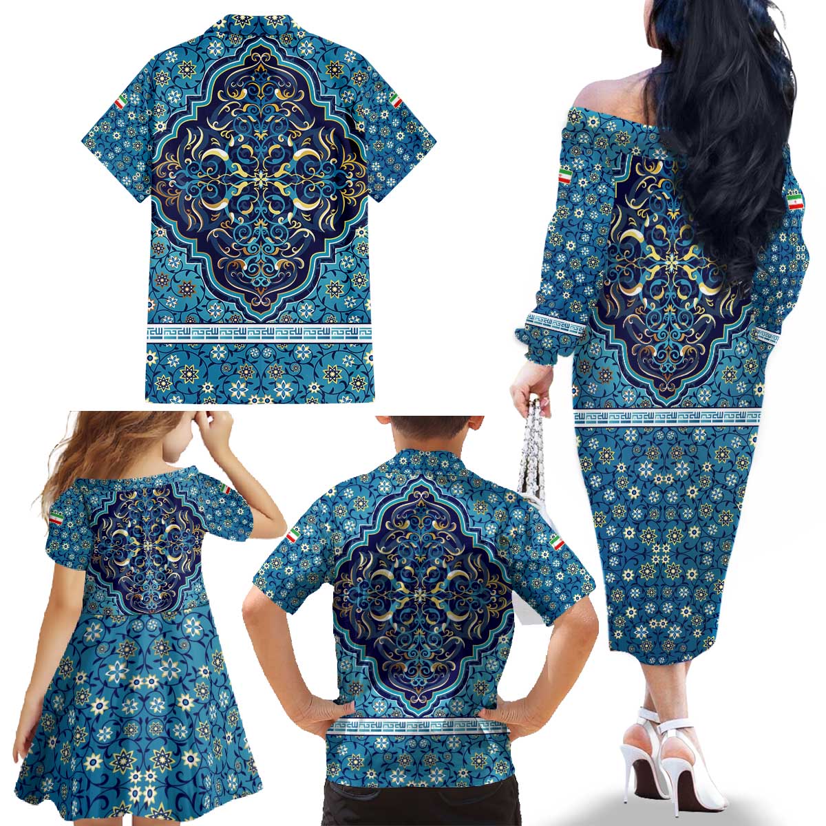 Iranian Mosaic Art Pattern Family Matching Off The Shoulder Long Sleeve Dress and Hawaiian Shirt with Persian Calligraphy and Flag Accents