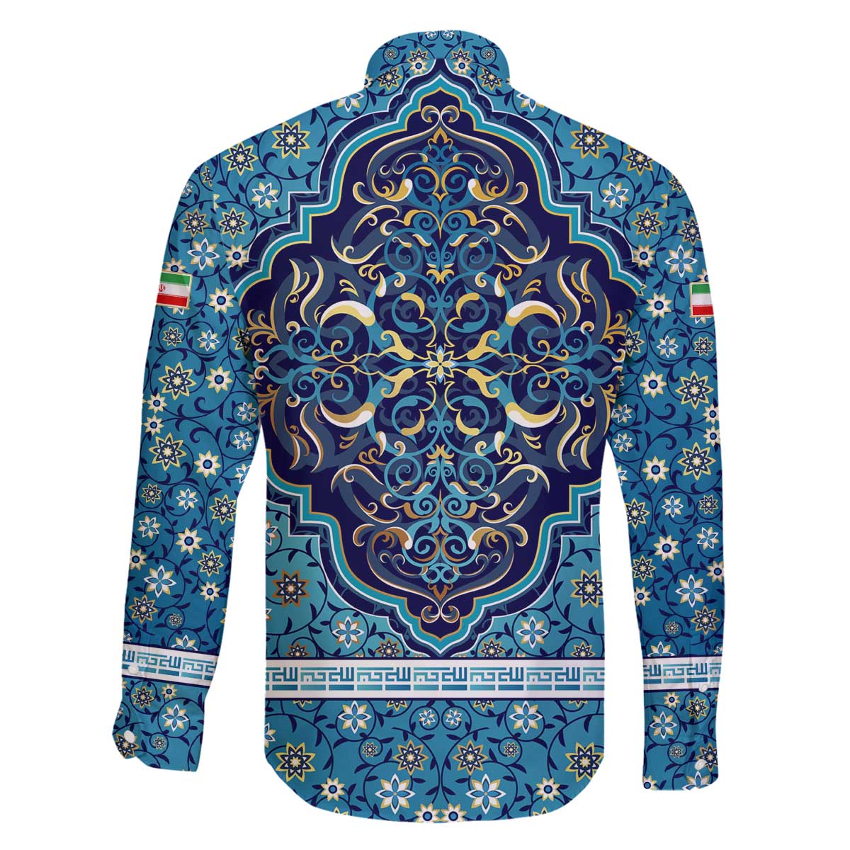 Iranian Mosaic Art Pattern Family Matching Off The Shoulder Long Sleeve Dress and Hawaiian Shirt with Persian Calligraphy and Flag Accents