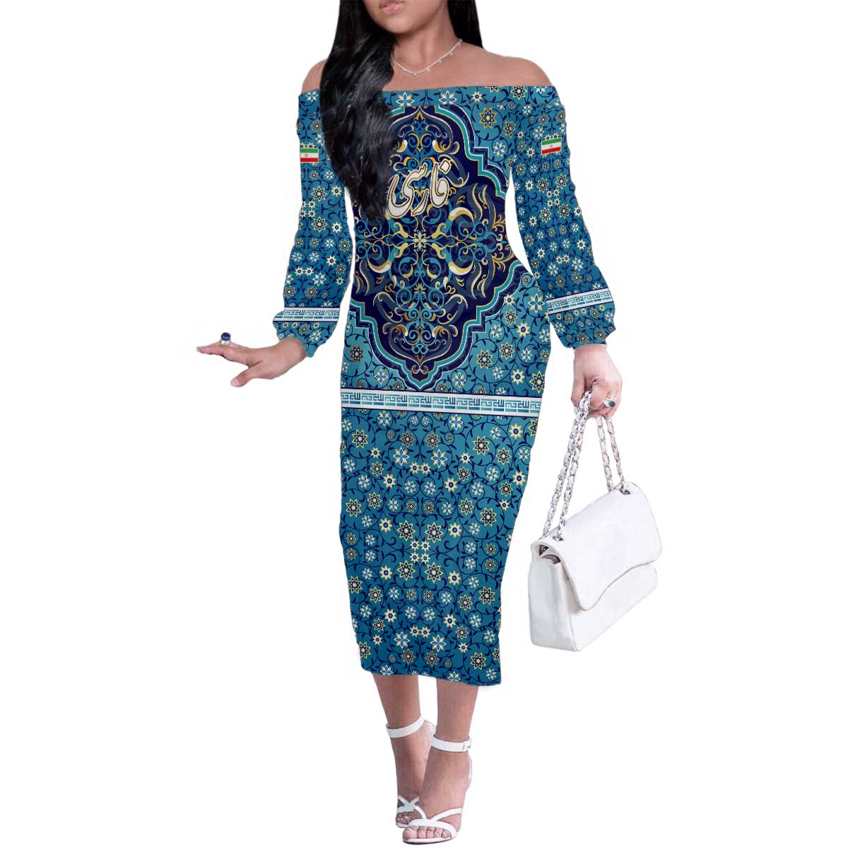 Iranian Mosaic Art Pattern Family Matching Off The Shoulder Long Sleeve Dress and Hawaiian Shirt with Persian Calligraphy and Flag Accents