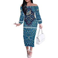 Iranian Mosaic Art Pattern Family Matching Off The Shoulder Long Sleeve Dress and Hawaiian Shirt with Persian Calligraphy and Flag Accents