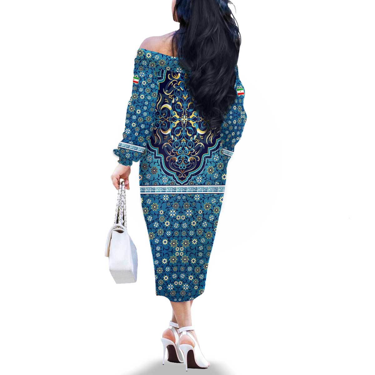 Iranian Mosaic Art Pattern Family Matching Off The Shoulder Long Sleeve Dress and Hawaiian Shirt with Persian Calligraphy and Flag Accents