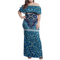 Iranian Mosaic Art Pattern Family Matching Off Shoulder Maxi Dress and Hawaiian Shirt with Persian Calligraphy and Flag Accents