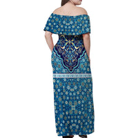 Iranian Mosaic Art Pattern Family Matching Off Shoulder Maxi Dress and Hawaiian Shirt with Persian Calligraphy and Flag Accents