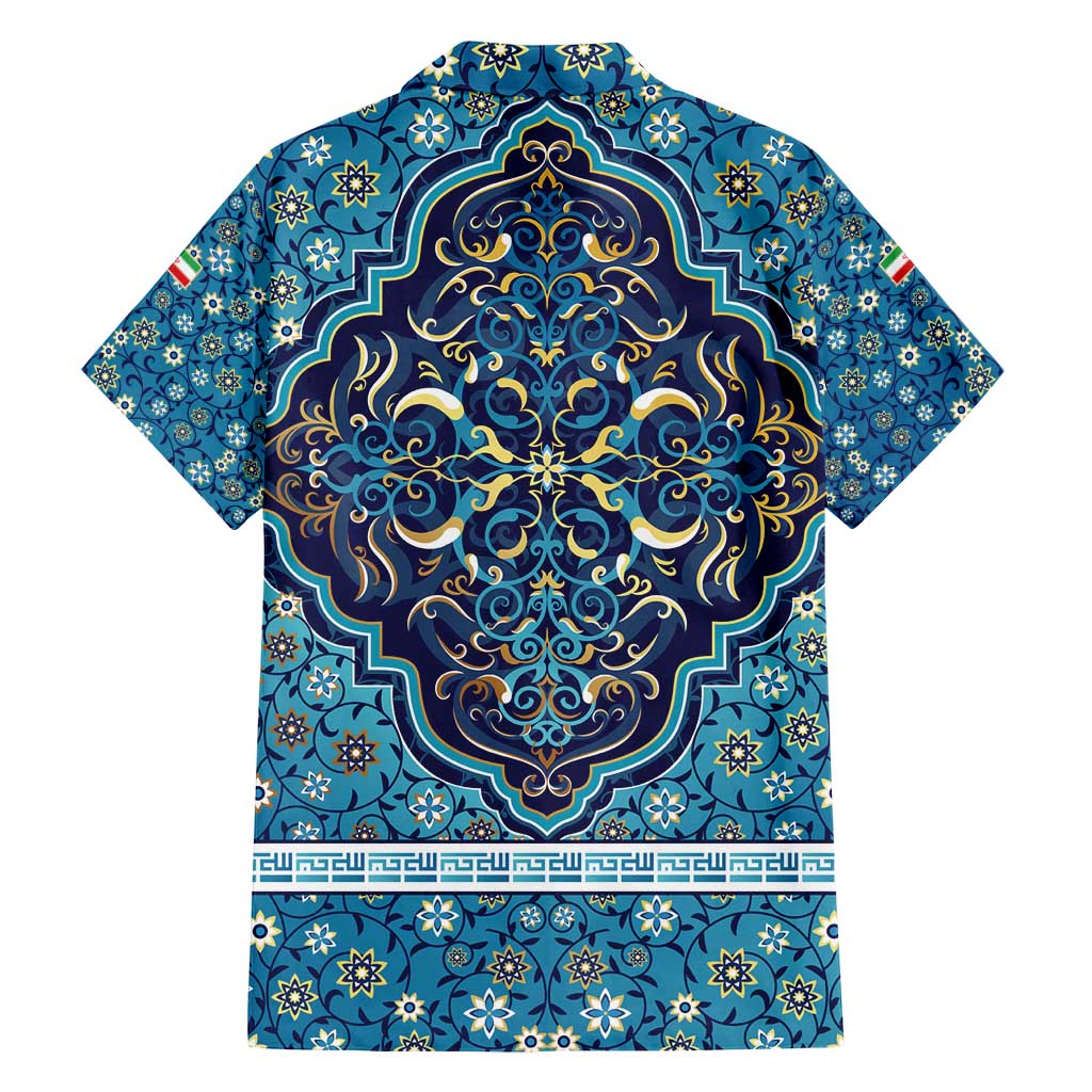 Iranian Mosaic Art Pattern Family Matching Off Shoulder Short Dress and Hawaiian Shirt with Persian Calligraphy and Flag Accents