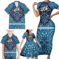 Iranian Mosaic Art Pattern Family Matching Short Sleeve Bodycon Dress and Hawaiian Shirt with Persian Calligraphy and Flag Accents