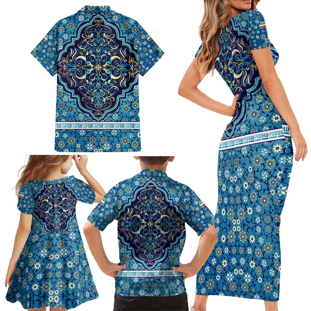 Iranian Mosaic Art Pattern Family Matching Short Sleeve Bodycon Dress and Hawaiian Shirt with Persian Calligraphy and Flag Accents