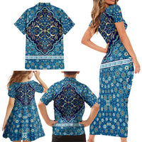 Iranian Mosaic Art Pattern Family Matching Short Sleeve Bodycon Dress and Hawaiian Shirt with Persian Calligraphy and Flag Accents