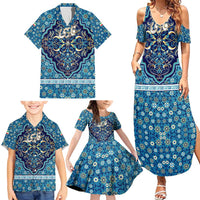 Iranian Mosaic Art Pattern Family Matching Summer Maxi Dress and Hawaiian Shirt with Persian Calligraphy and Flag Accents