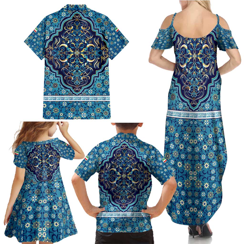 Iranian Mosaic Art Pattern Family Matching Summer Maxi Dress and Hawaiian Shirt with Persian Calligraphy and Flag Accents