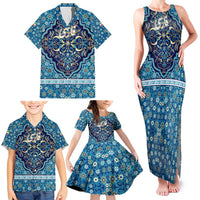 Iranian Mosaic Art Pattern Family Matching Tank Maxi Dress and Hawaiian Shirt with Persian Calligraphy and Flag Accents