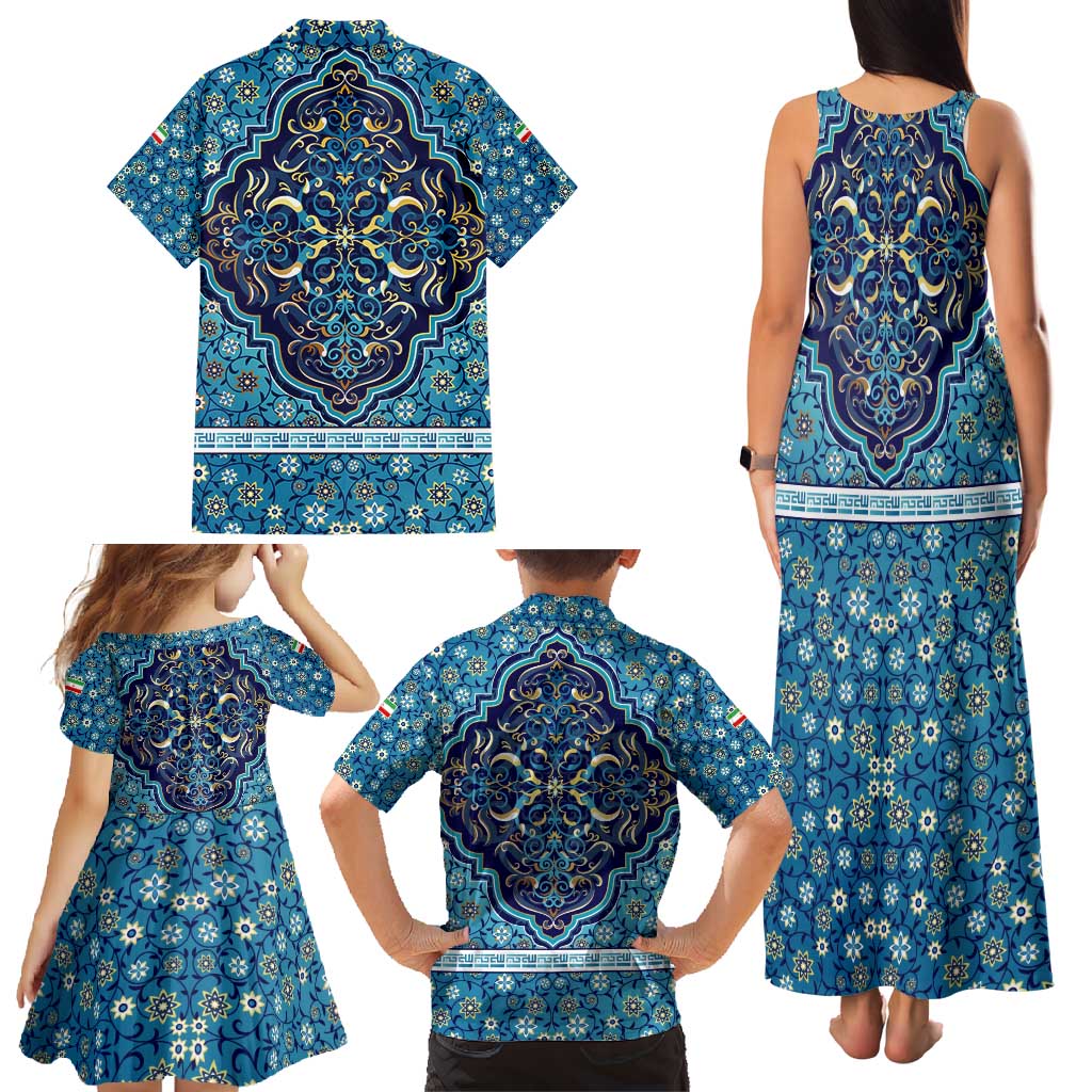 Iranian Mosaic Art Pattern Family Matching Tank Maxi Dress and Hawaiian Shirt with Persian Calligraphy and Flag Accents