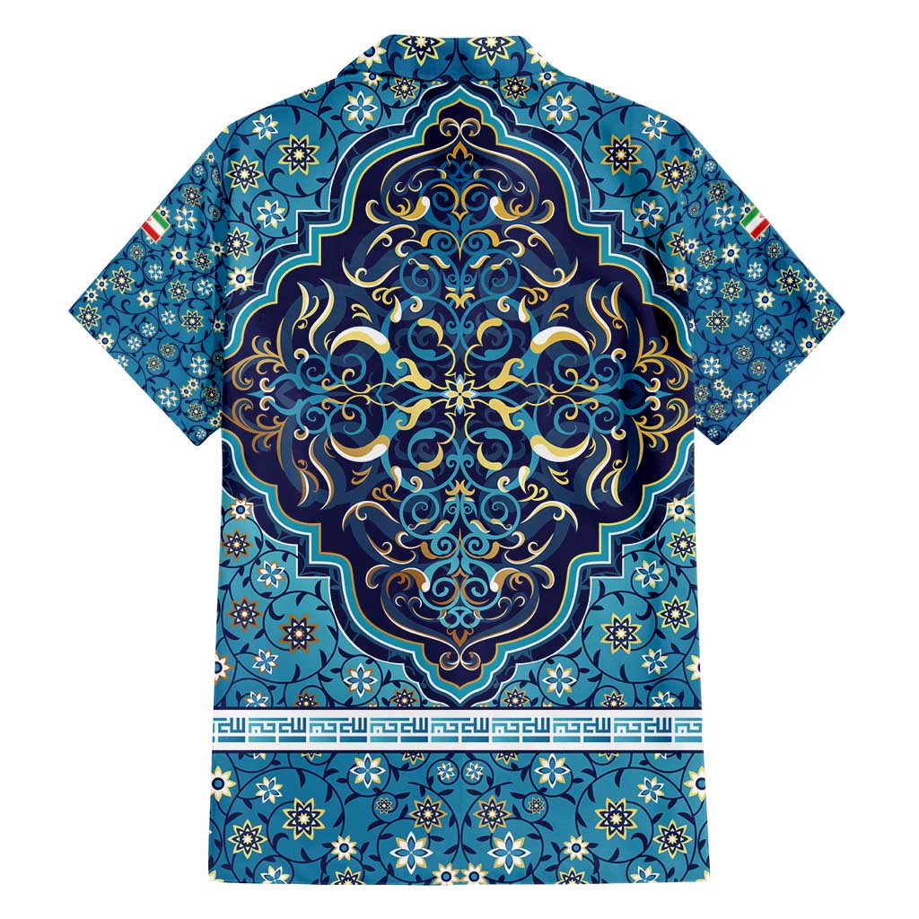 Iranian Mosaic Art Pattern Hawaiian Shirt with Persian Calligraphy and Flag Accents
