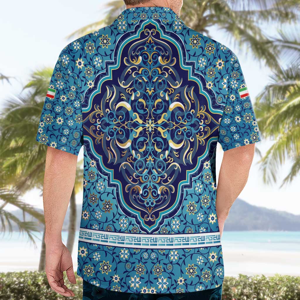 Iranian Mosaic Art Pattern Hawaiian Shirt with Persian Calligraphy and Flag Accents