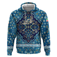 Iranian Mosaic Art Pattern Hoodie with Persian Calligraphy and Flag Accents