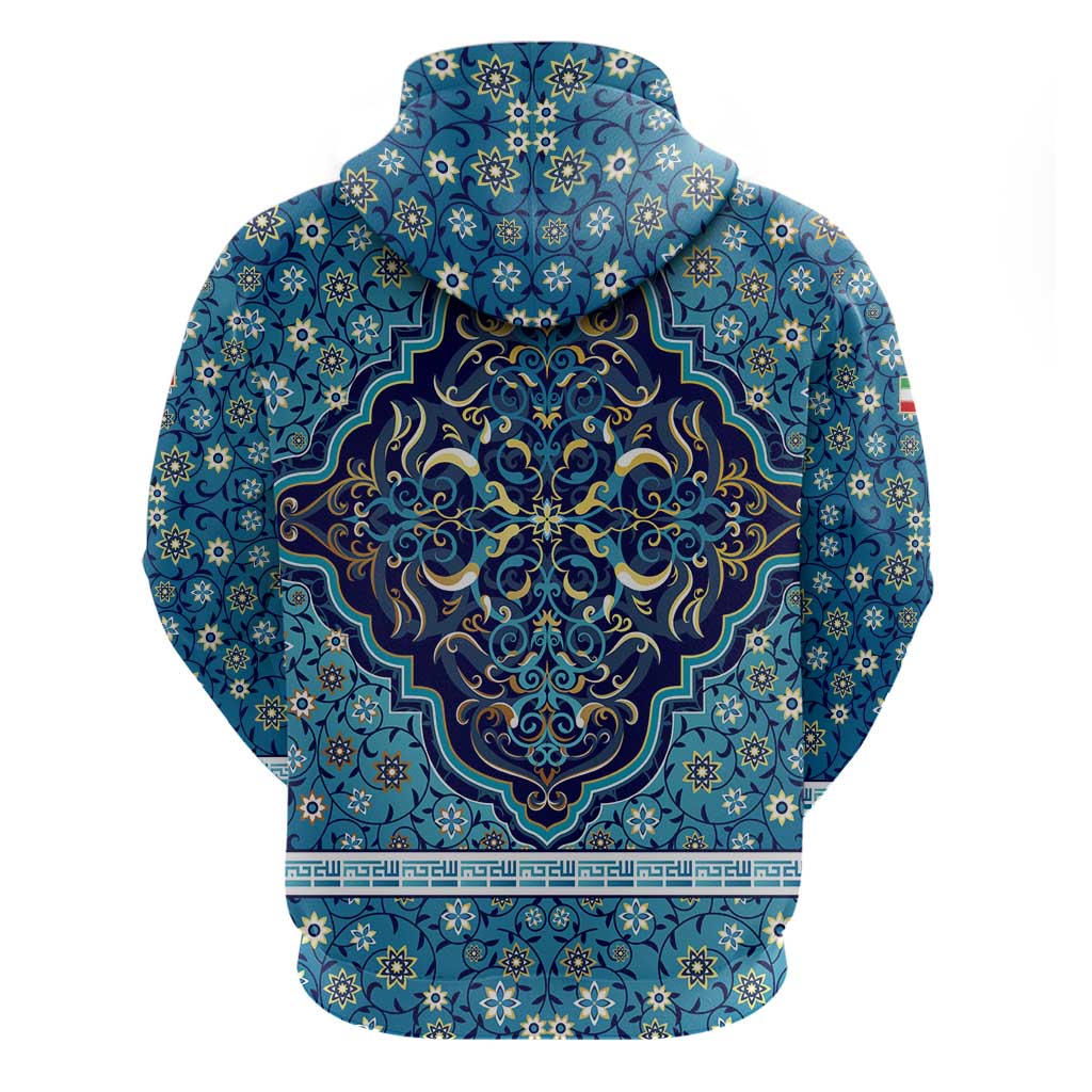 Iranian Mosaic Art Pattern Hoodie with Persian Calligraphy and Flag Accents