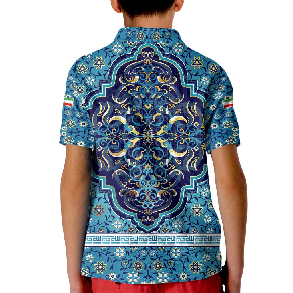 Iranian Mosaic Art Pattern Kid Polo Shirt with Persian Calligraphy and Flag Accents