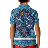 Iranian Mosaic Art Pattern Kid Polo Shirt with Persian Calligraphy and Flag Accents