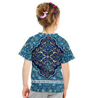 Iranian Mosaic Art Pattern Kid T Shirt with Persian Calligraphy and Flag Accents