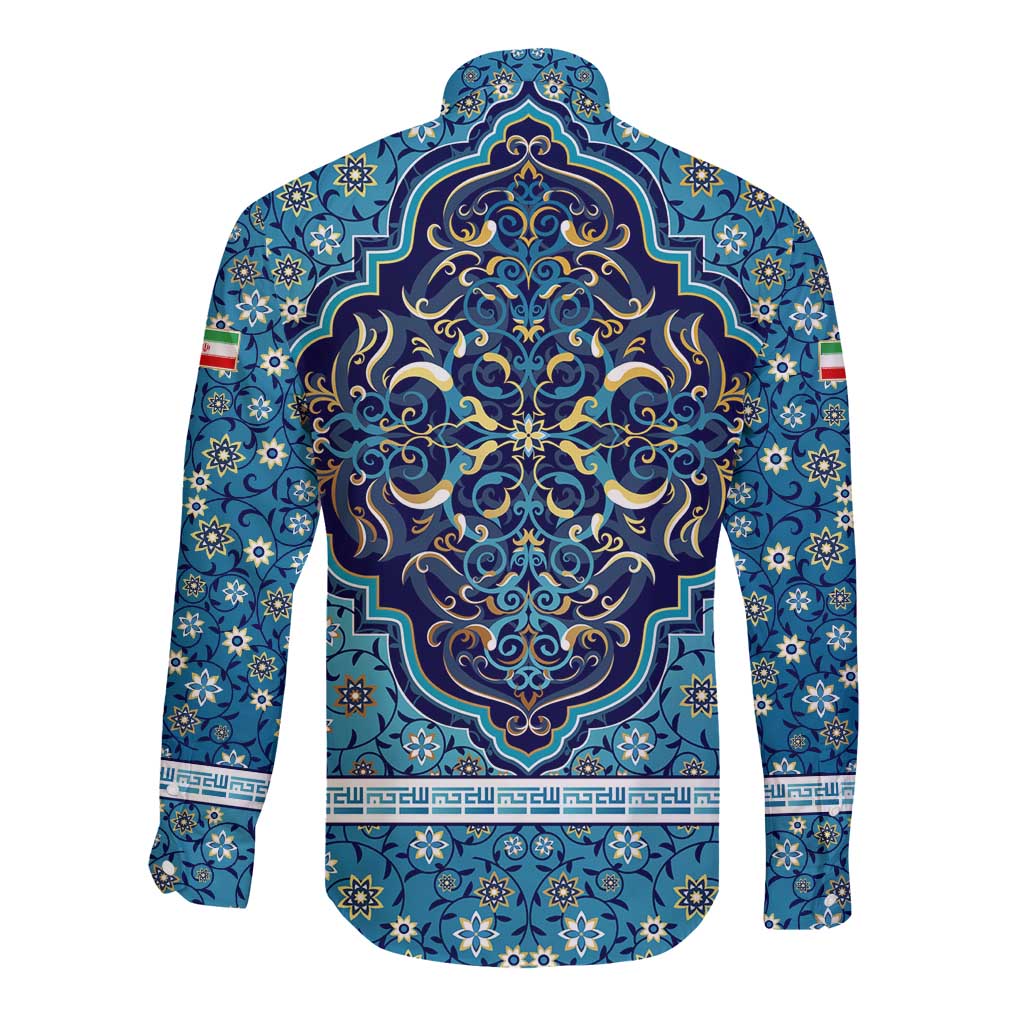 Iranian Mosaic Art Pattern Long Sleeve Button Shirt with Persian Calligraphy and Flag Accents