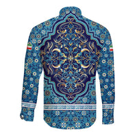 Iranian Mosaic Art Pattern Long Sleeve Button Shirt with Persian Calligraphy and Flag Accents