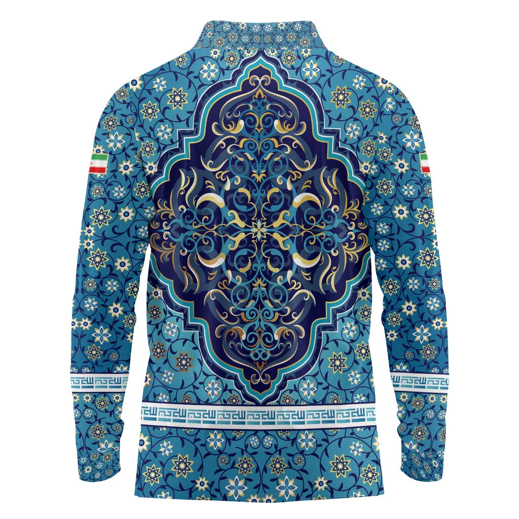 Iranian Mosaic Art Pattern Long Sleeve Polo Shirt with Persian Calligraphy and Flag Accents