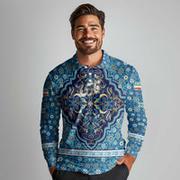 Iranian Mosaic Art Pattern Long Sleeve Polo Shirt with Persian Calligraphy and Flag Accents