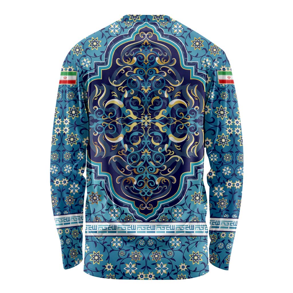 Iranian Mosaic Art Pattern Long Sleeve Shirt with Persian Calligraphy and Flag Accents