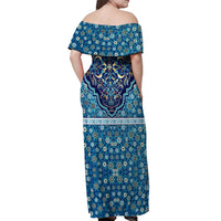 Iranian Mosaic Art Pattern Off Shoulder Maxi Dress with Persian Calligraphy and Flag Accents