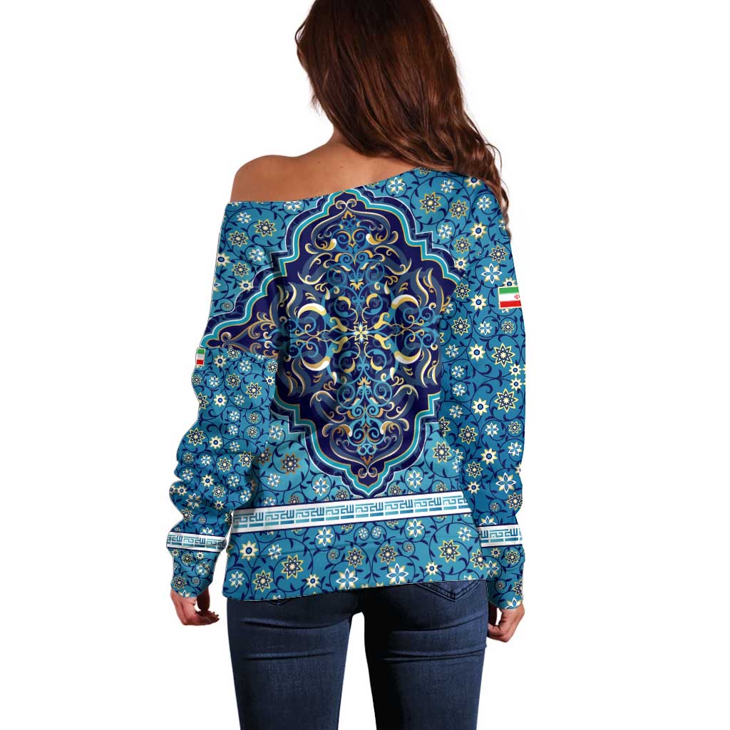 Iranian Mosaic Art Pattern Off Shoulder Sweater with Persian Calligraphy and Flag Accents