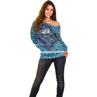 Iranian Mosaic Art Pattern Off Shoulder Sweater with Persian Calligraphy and Flag Accents