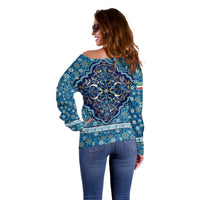 Iranian Mosaic Art Pattern Off Shoulder Sweater with Persian Calligraphy and Flag Accents
