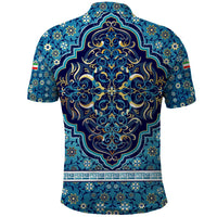 Iranian Mosaic Art Pattern Polo Shirt with Persian Calligraphy and Flag Accents