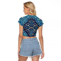 Iranian Mosaic Art Pattern Raglan Cropped T Shirt with Persian Calligraphy and Flag Accents